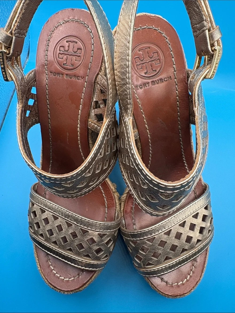 Tory Burch Metallic Bronze Laser-Cut Wedge Sandals